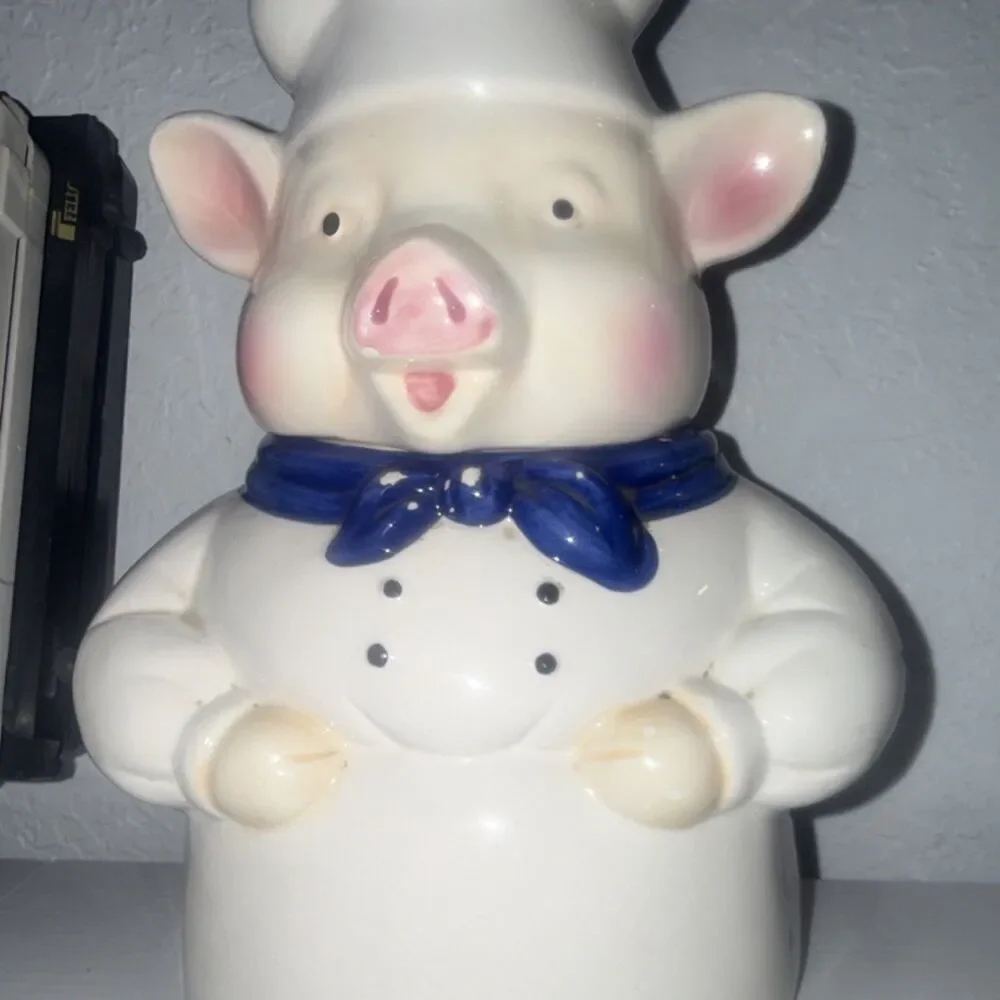Vintage 1970 Ceramic Pig Chef Cookie Jar with Lid White Blue Pink 11 in